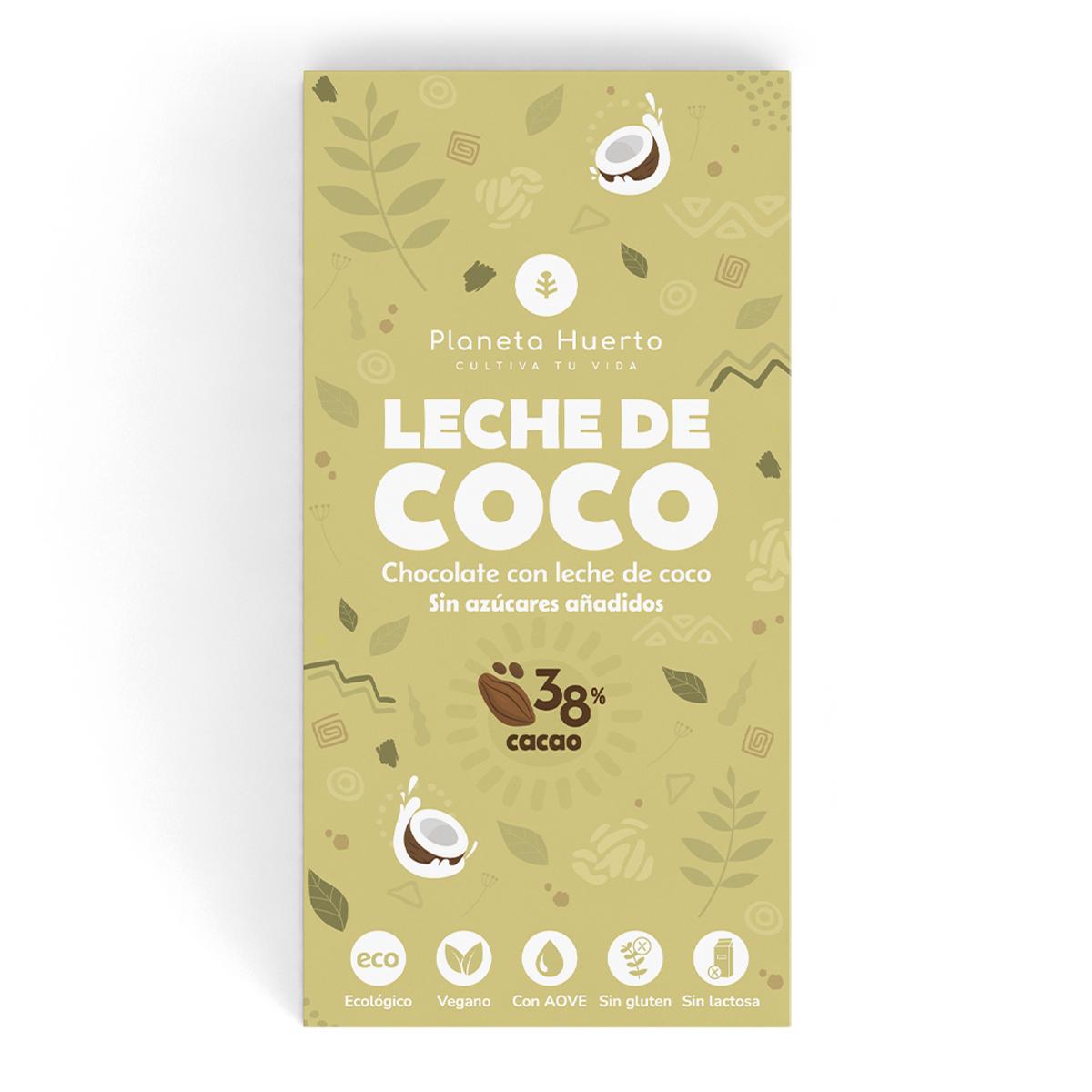 Barra de chocolate de leite de coco 38% vegan sem adição de açúcares ECO Planeta Huerto 70 g