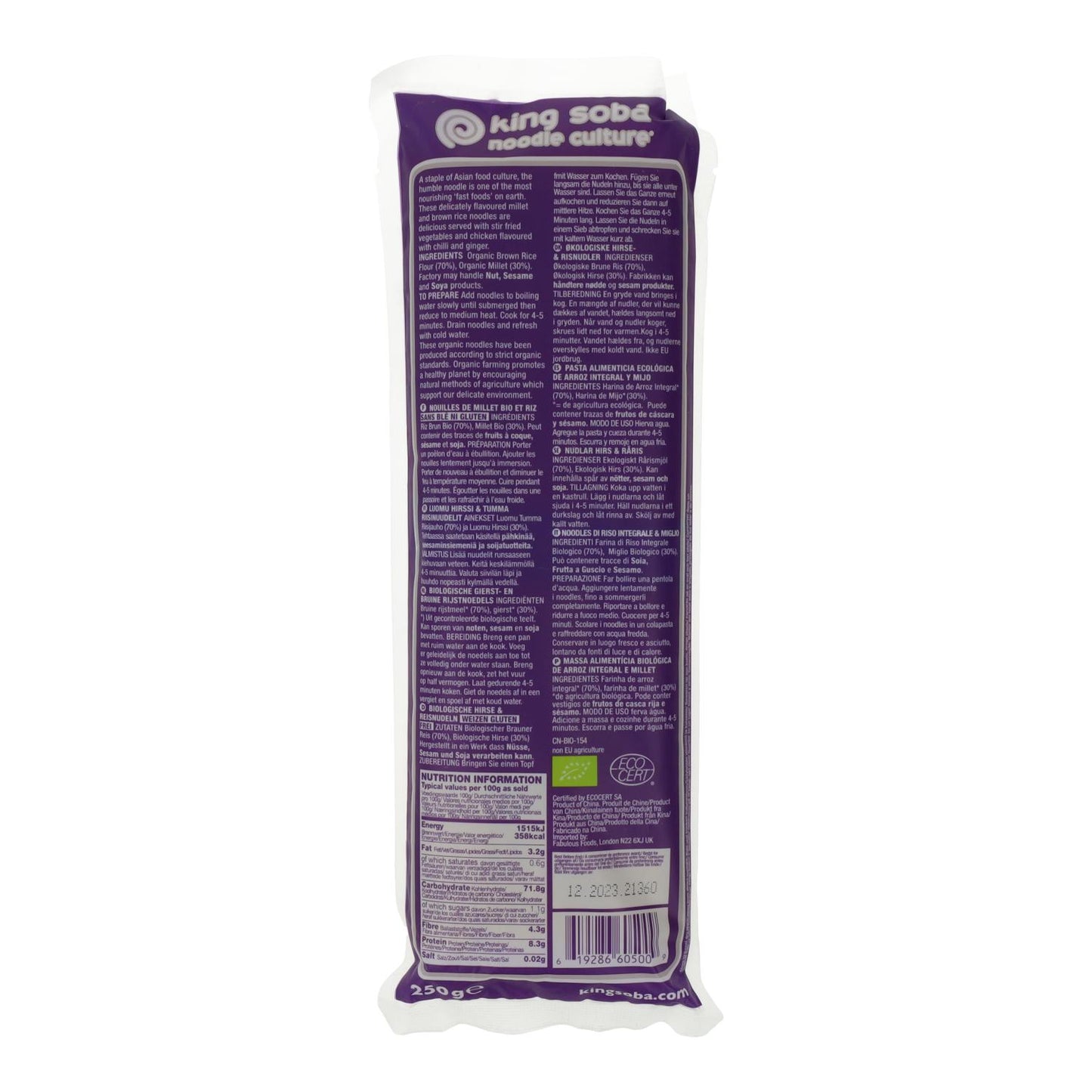 Noodles biológicos sem glúten de milho-miúdo e arroz integral em formato de esparguete King Soba 250 g