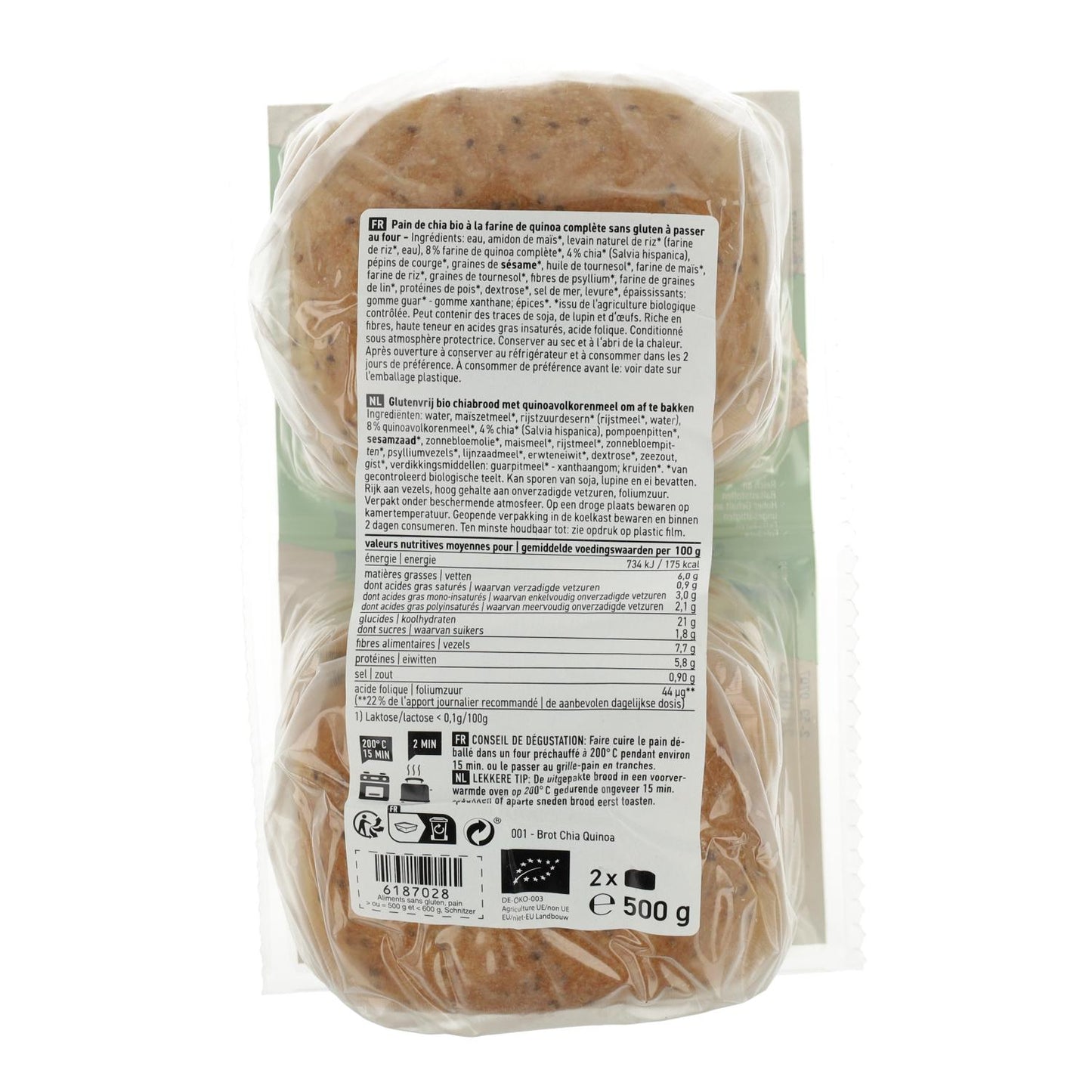 Pão de Chia e Quinoa Biológico Sem Glúten Schnitzer 500 g
