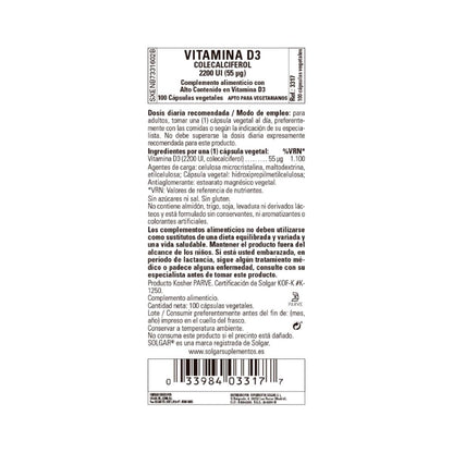 Embalagem 2x Vitamina D3 2200 UI, Solgar, 50 cápsulas vegetais