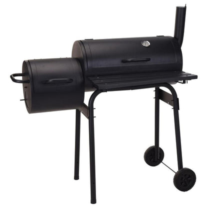 Barbacoa de Carbón Negra + Ahumador Jamaica para asar y ahumar con termómetro en acero, doble parrilla, ruedas y chimenea integrada