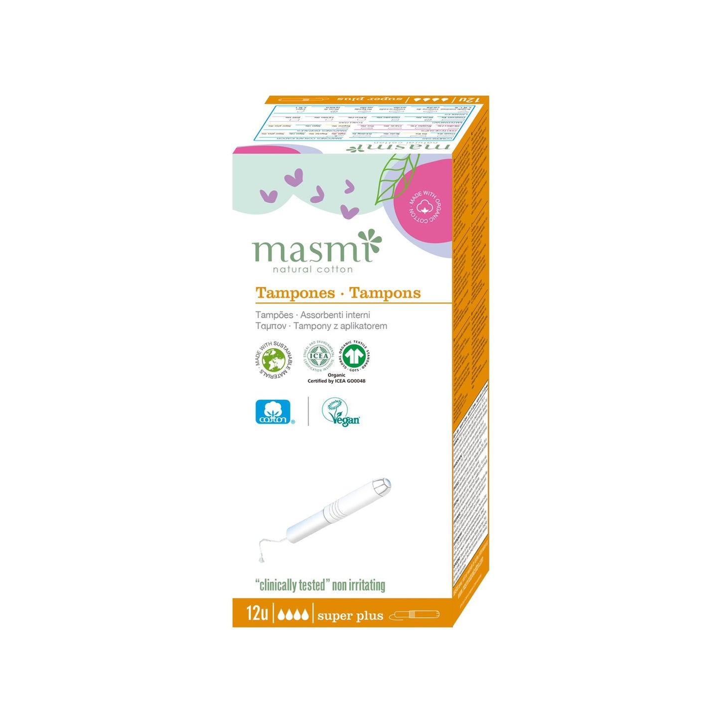 Tampão Masmi Super Plus com aplicador de algodão ecológico, 12 unidades