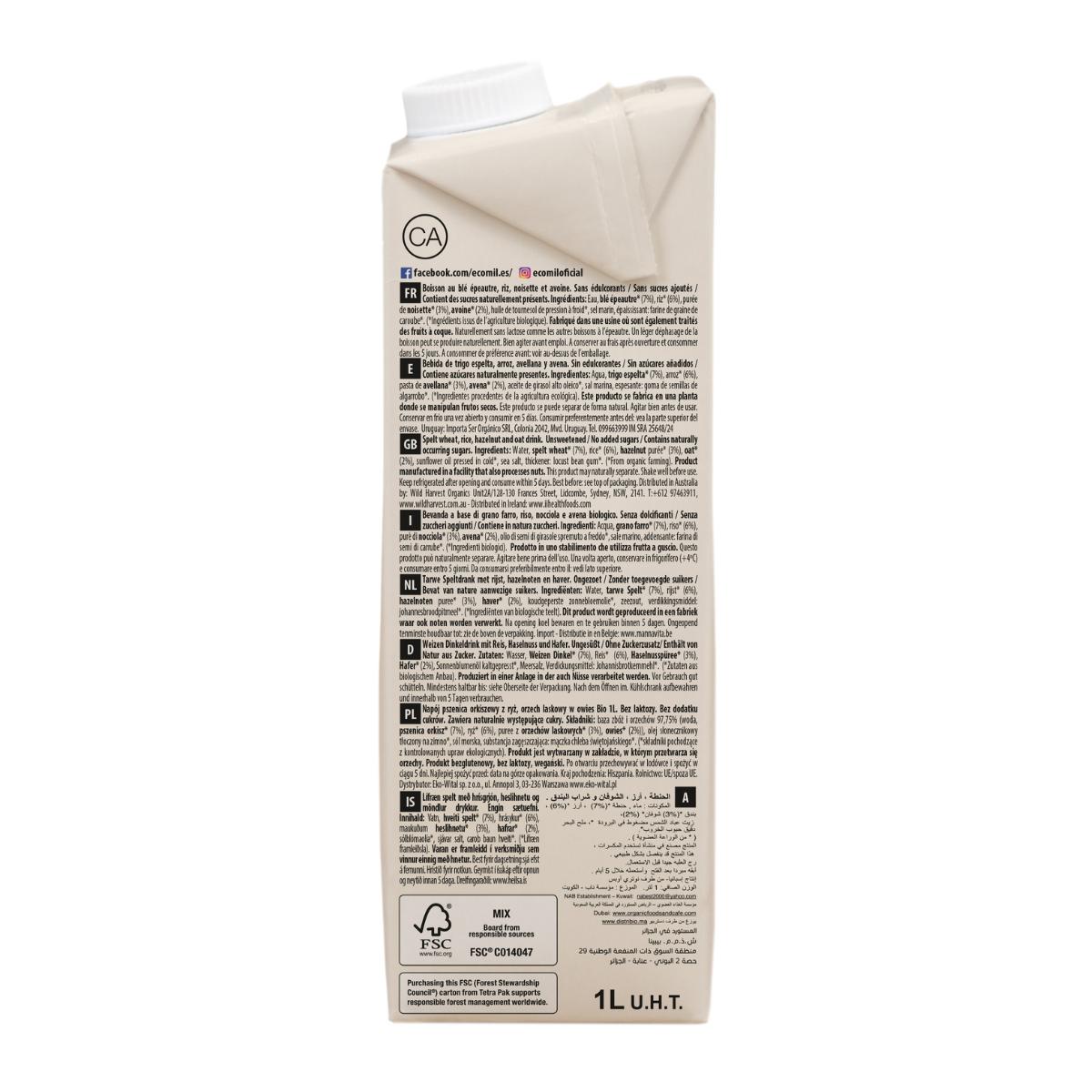 Bebida Espelta, Avellana y Avena Bio Ecomil 1L