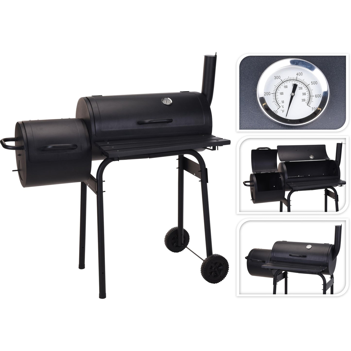 Barbacoa de Carbón Negra + Ahumador Jamaica para asar y ahumar con termómetro en acero, doble parrilla, ruedas y chimenea integrada