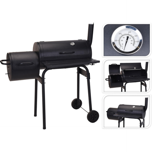 Barbacoa de Carbón Negra + Ahumador Jamaica para asar y ahumar con termómetro en acero, doble parrilla, ruedas y chimenea integrada