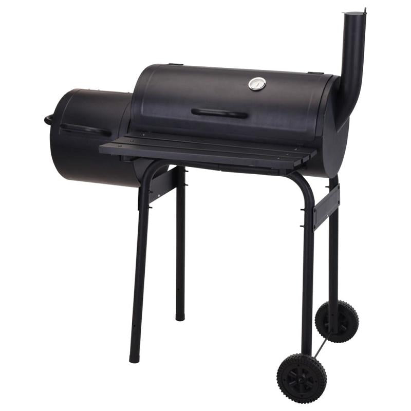 Barbacoa de Carbón Negra + Ahumador Jamaica para asar y ahumar con termómetro en acero, doble parrilla, ruedas y chimenea integrada