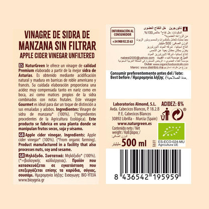 Embalagem de 2 vinagres de maçã biológicos não filtrados NaturGreen 500 ml