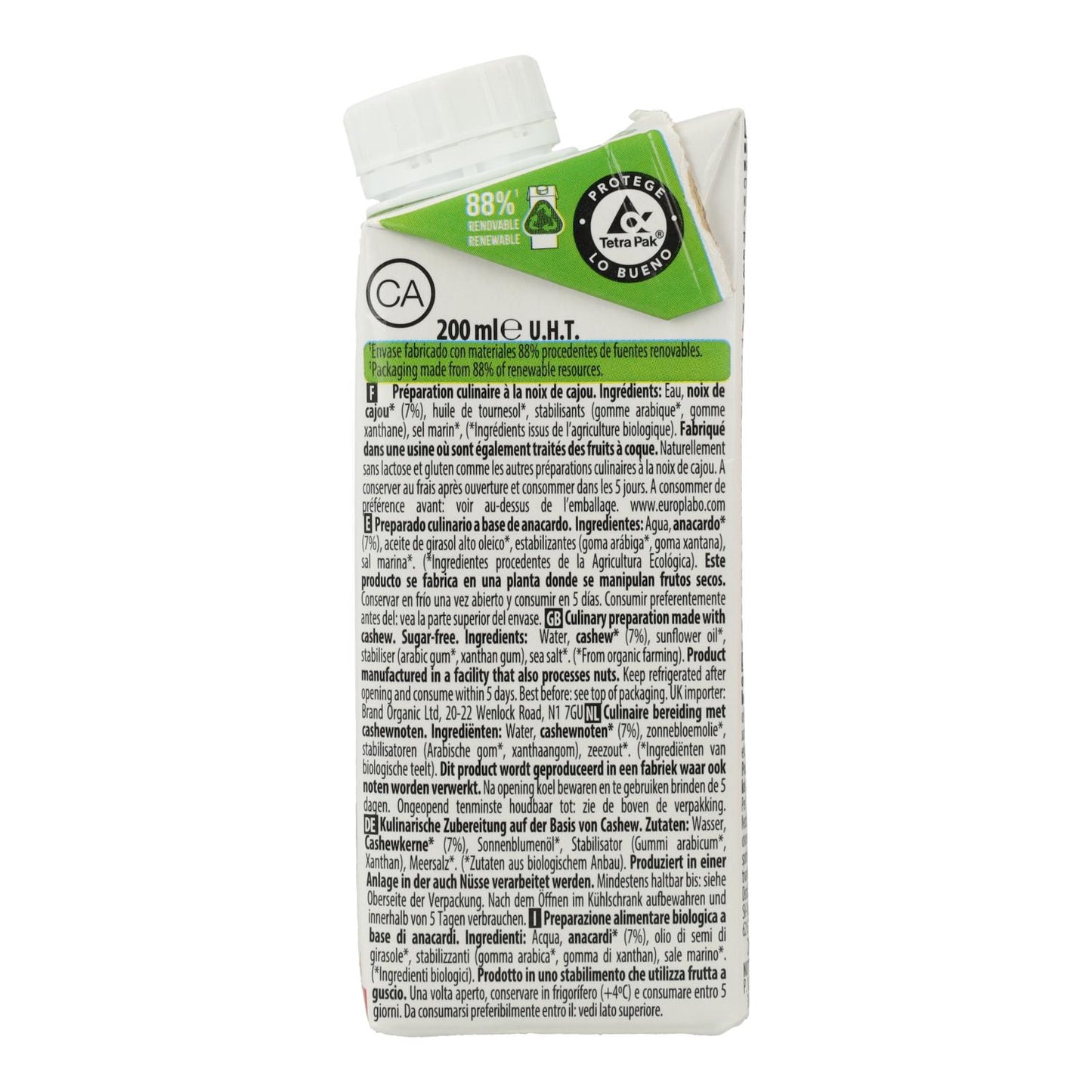 Creme Vegetal de Castanha de Caju sem Açúcar Bio Cuisine Ecomil 200 ml