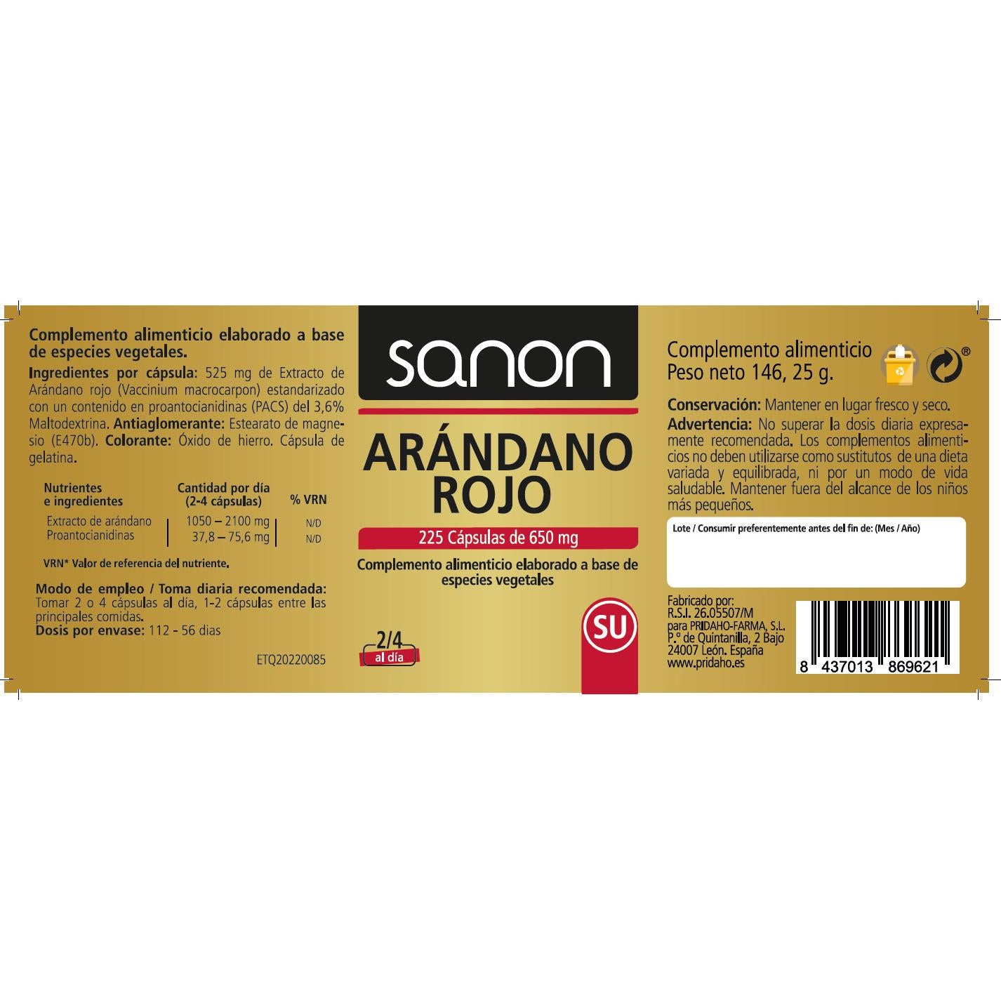 Cápsulas de Cranberry Americano 225 SANON 650 mg