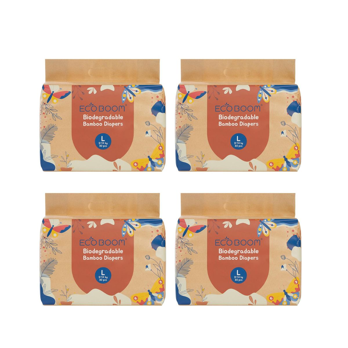 ECOBOOM - Fralda de Bambu Eco Boom. 70% biodegradável, hipoalergénica (tamanho 4/L, 9-14 kg, embalagem de 4 sacos, total de 120 fraldas)