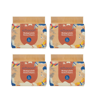 ECOBOOM - Fralda de Bambu Eco Boom. 70% biodegradável, hipoalergénica (tamanho 4/L, 9-14 kg, embalagem de 4 sacos, total de 120 fraldas)