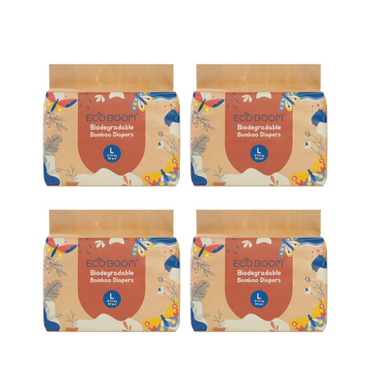 ECOBOOM - Fralda de Bambu Eco Boom. 70% biodegradável, hipoalergénica (tamanho 4/L, 9-14 kg, embalagem de 4 sacos, total de 120 fraldas)