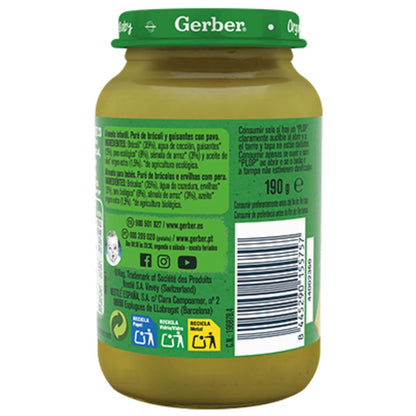 Puré de brócolos, ervilhas e peru biológico Gerber, pote de 190g, brócolos, ervilhas e peru biológico Gerber