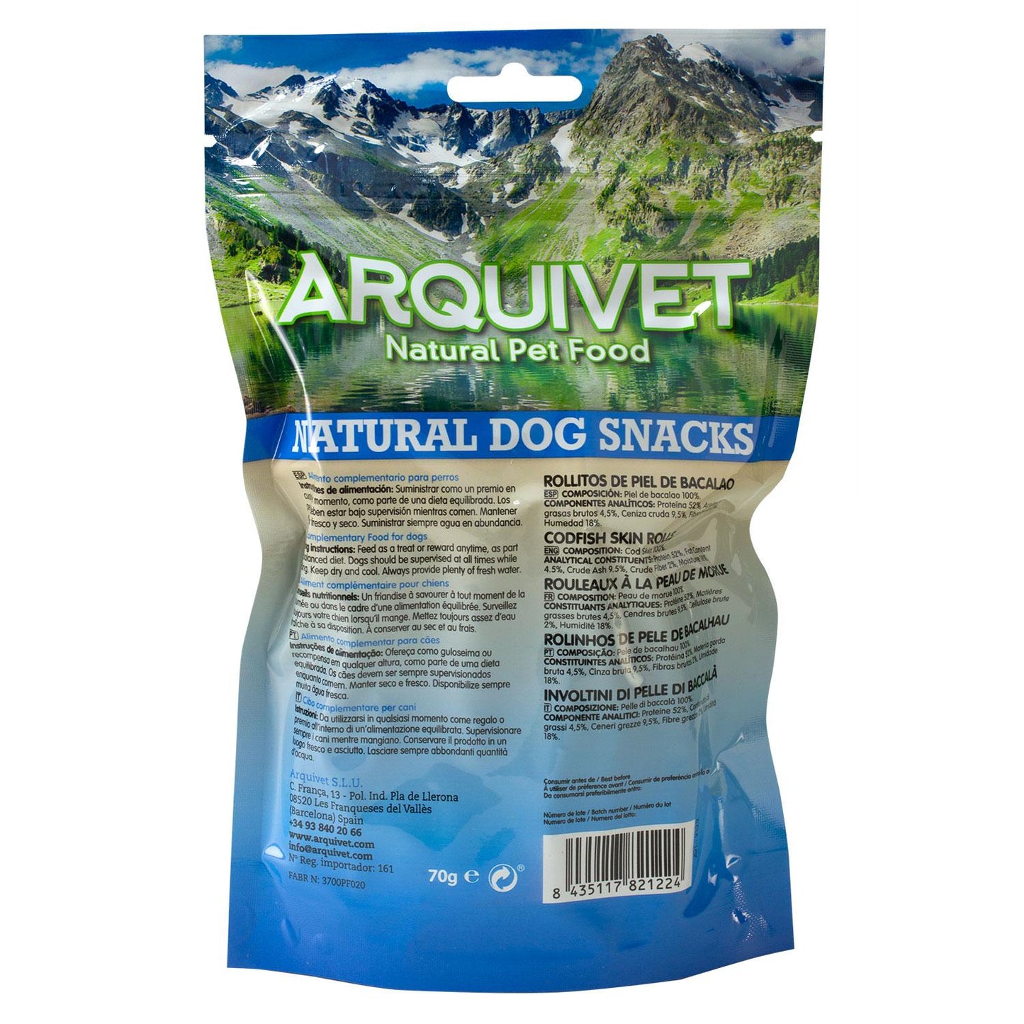 Rolos de pele de bacalhau natural Arquivet para cães 70 g