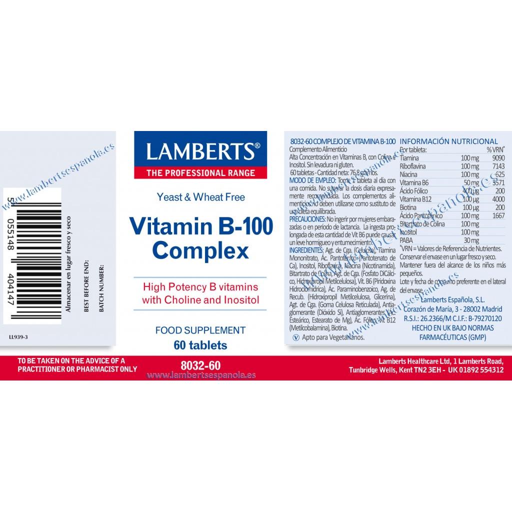 Embalagem 2x Complexo de Vitamina B-100, Lamberts, 60 comprimidos