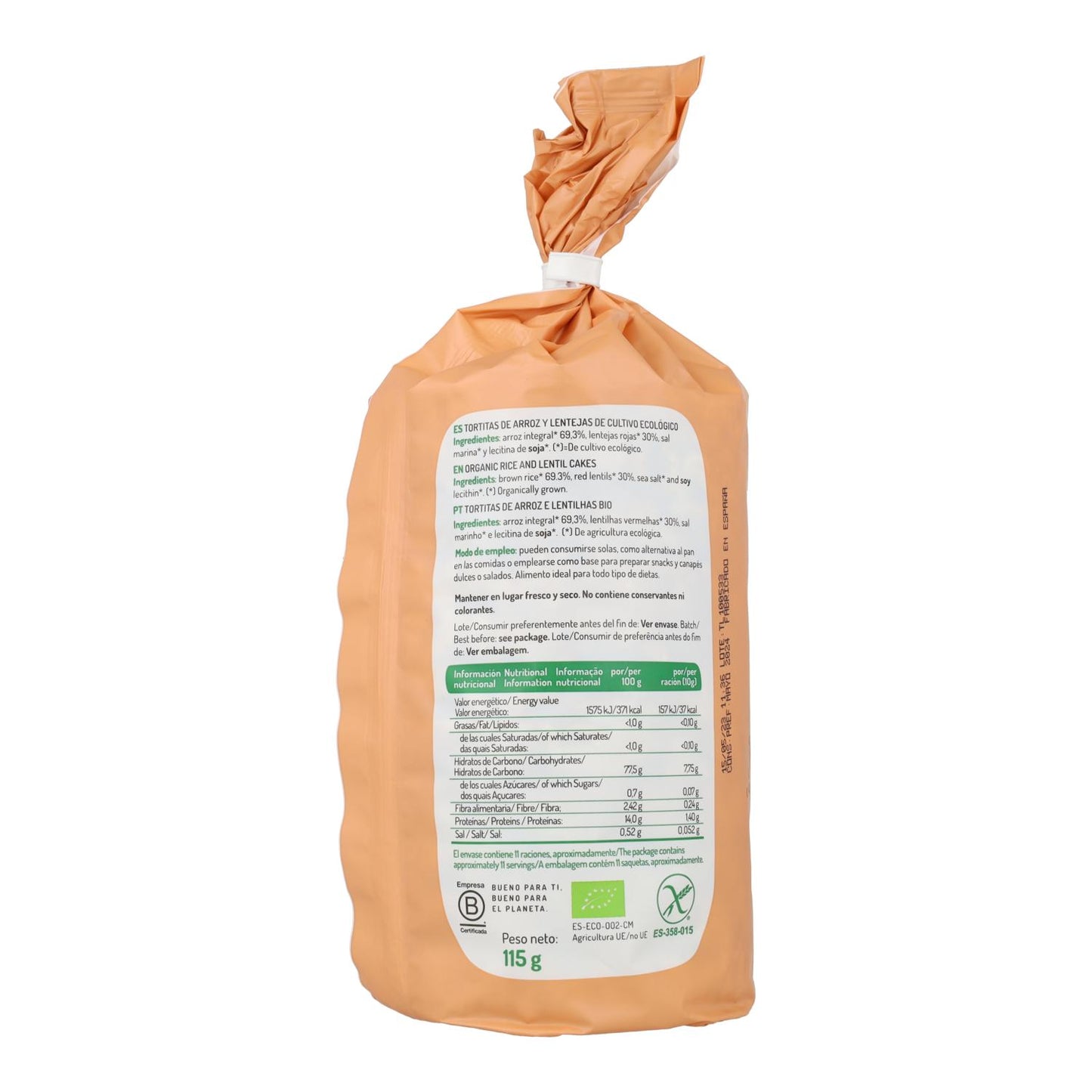 Bolinhos de arroz e lentilhas biológicos sem glúten El Granero, 115 g