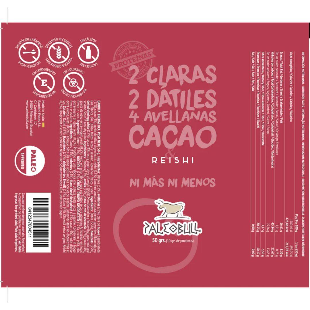 Barra energética PaleoBull de tâmaras, avelãs, reishi e cacau, 50 g