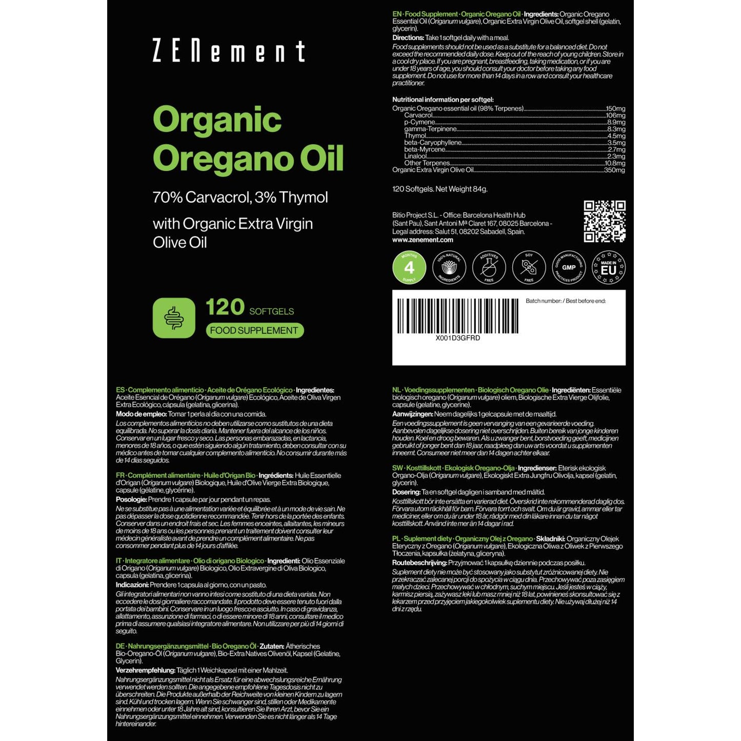 Óleo de orégãos, 150 mg Zenement 120 comprimidos 