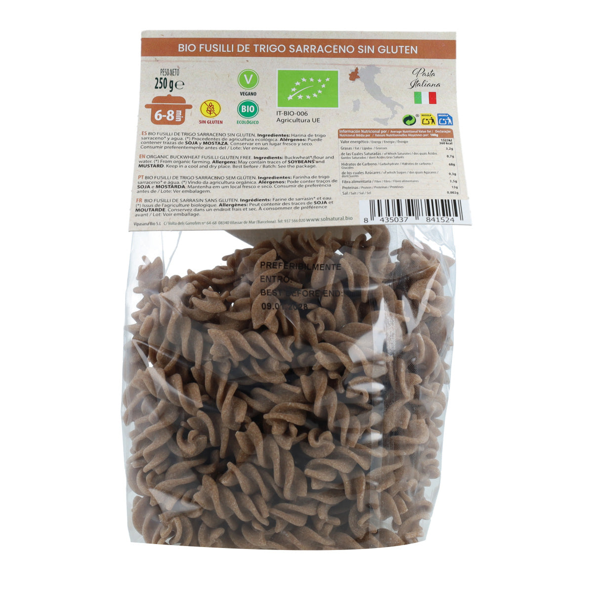Fusilli de trigo sarraceno sem glúten Bio Sol Natural 250 g