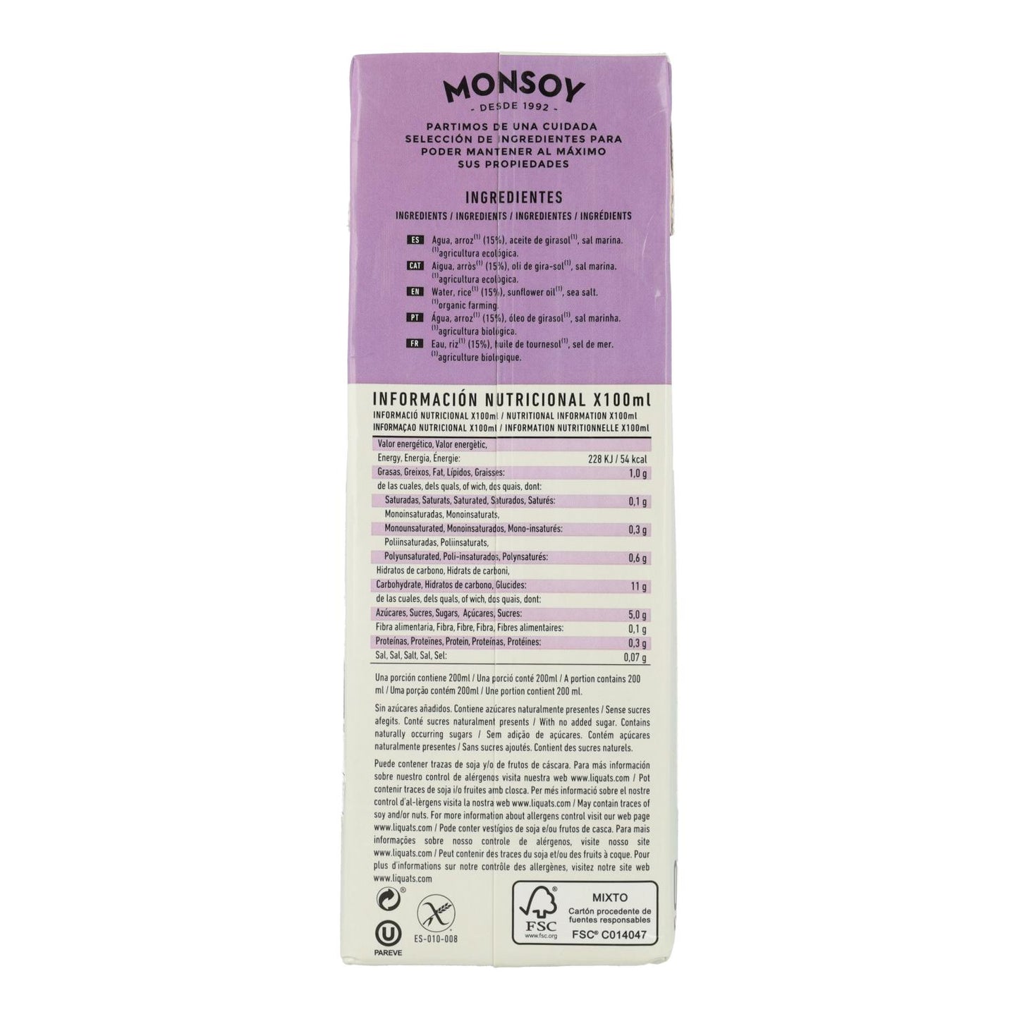 Bebida Vegetal de Arroz Biológico Monsoy 1 L