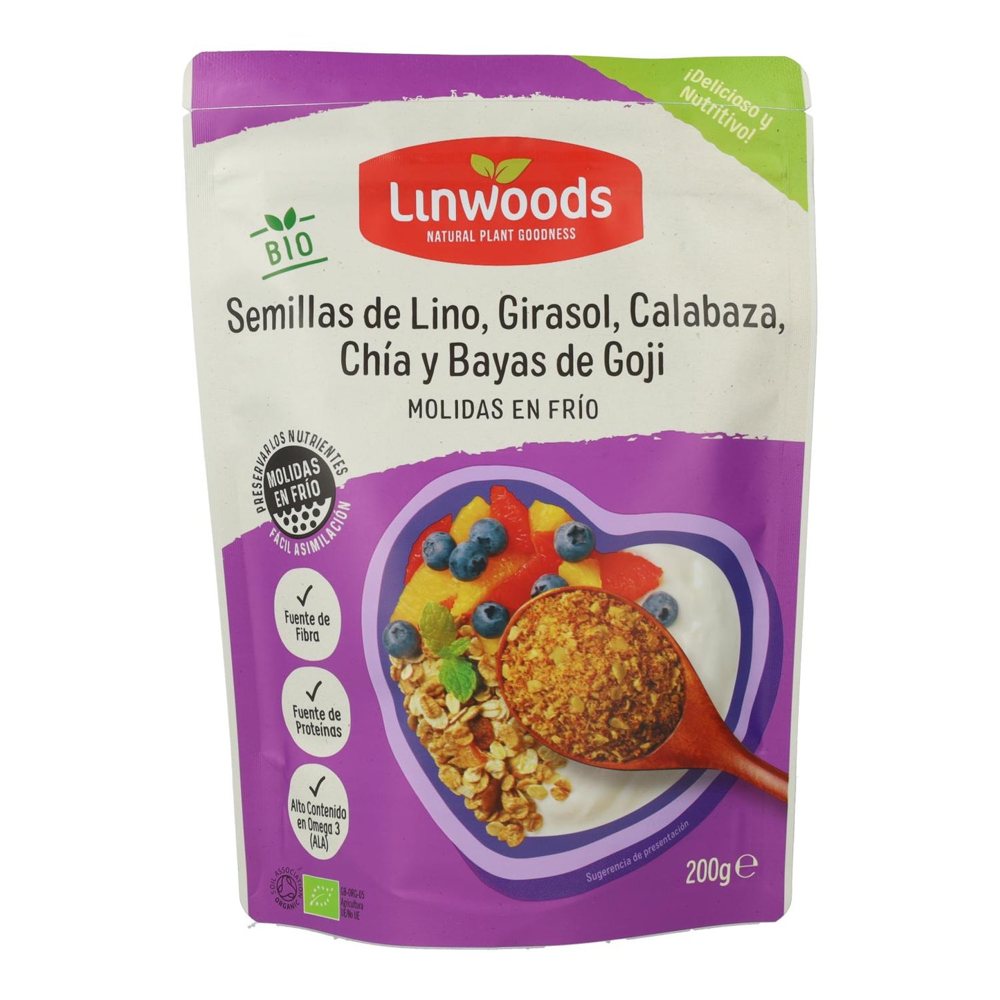 Linhaça, girassol, abóbora, chia e bagas de goji moídas biológicas - Linwoods 200g