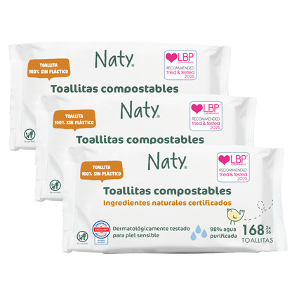 Pack de 3 lenços compostáveis ​​Naty, 3 x 56 unidades