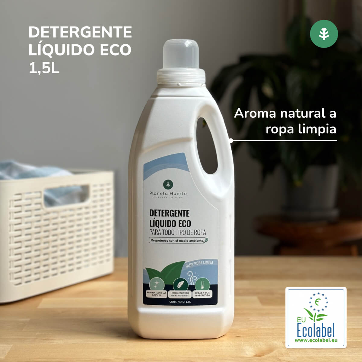 Detergente líquido para roupa Planeta Huerto ECO com aroma natural de roupa limpa, 1,5 litros