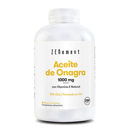 Óleo de Onagra, 1000 mg por cápsula mole, 10% GLA, prensado a frio Zenement, 200 comprimidos