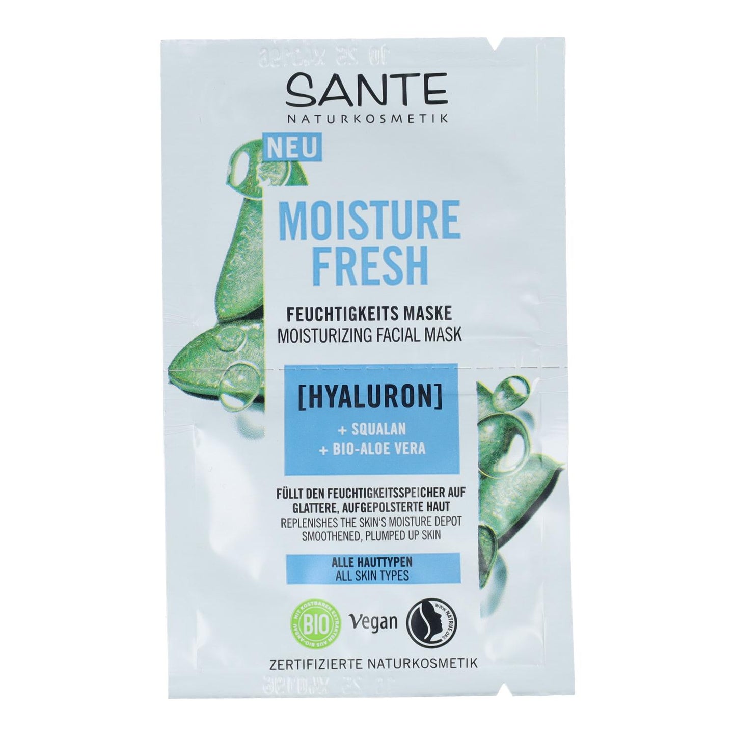 Máscara de hidratação fresca com ácido hialurónico e aloé vera, Sante 2 x 4 ml