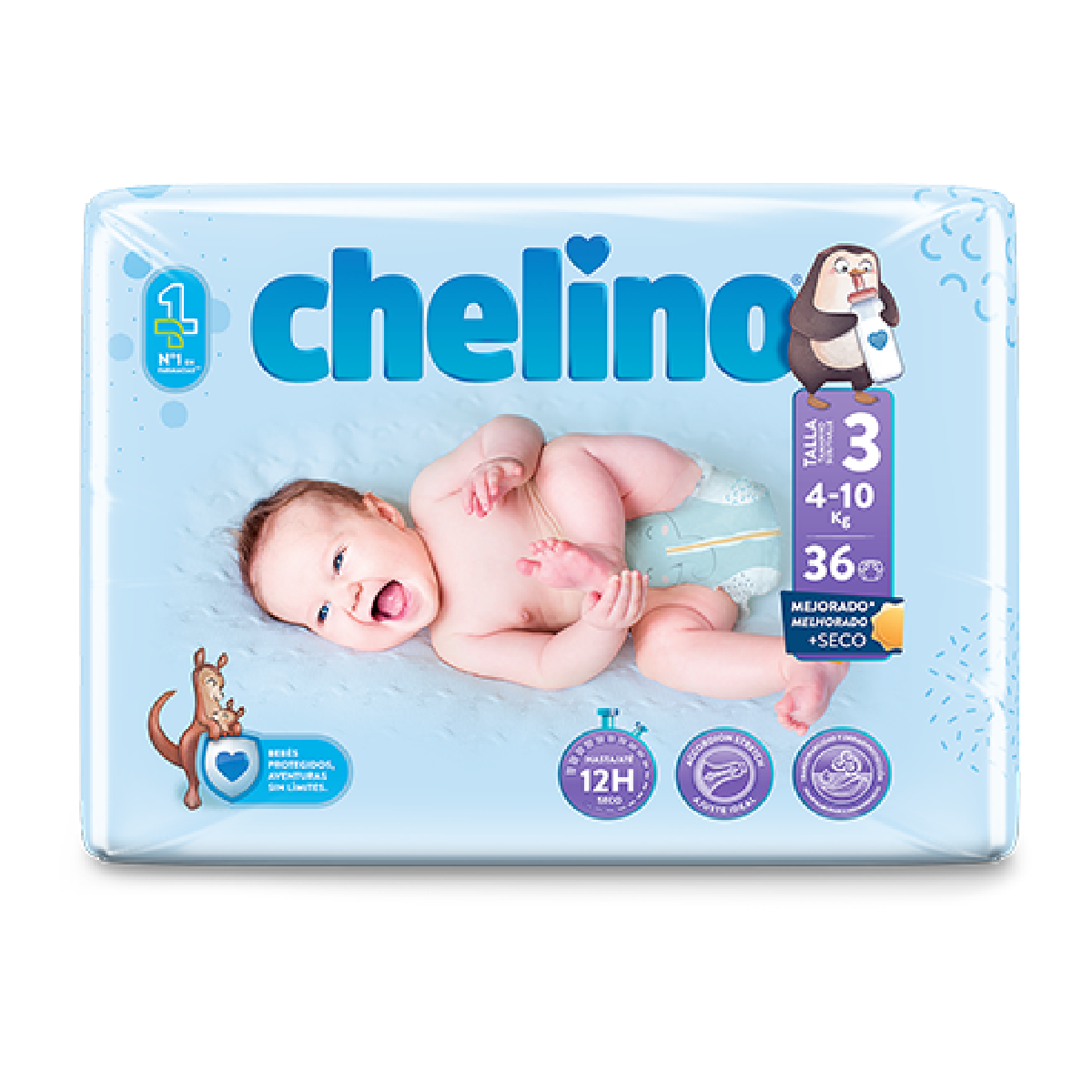 Embalagem de 6 fraldas T3 para deitar (4-10 kg) 36 unidades, Chelino