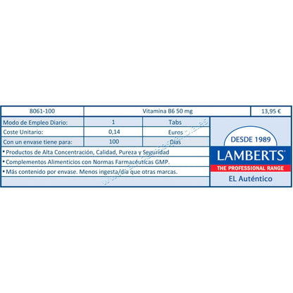 Vitamina B6 100 comprimidos de 50 mg, Lamberts