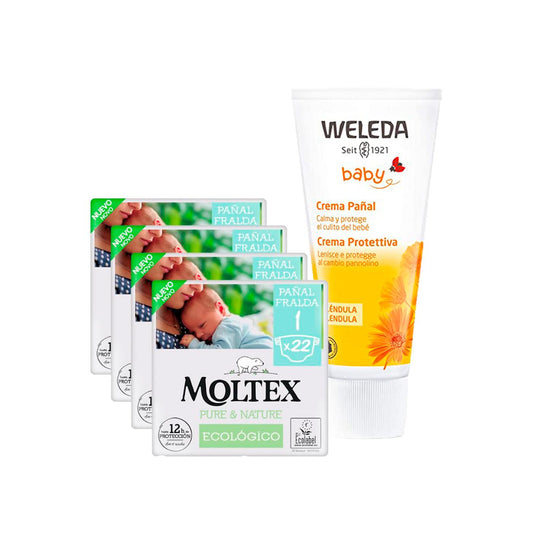 PACOTE ESPECIAL Creme para Fraldas Weleda Calendula 75ml + Pacote Poupança Fraldas T1 (2-5kg) Moltex Pure &amp; Nature 88 Unidades