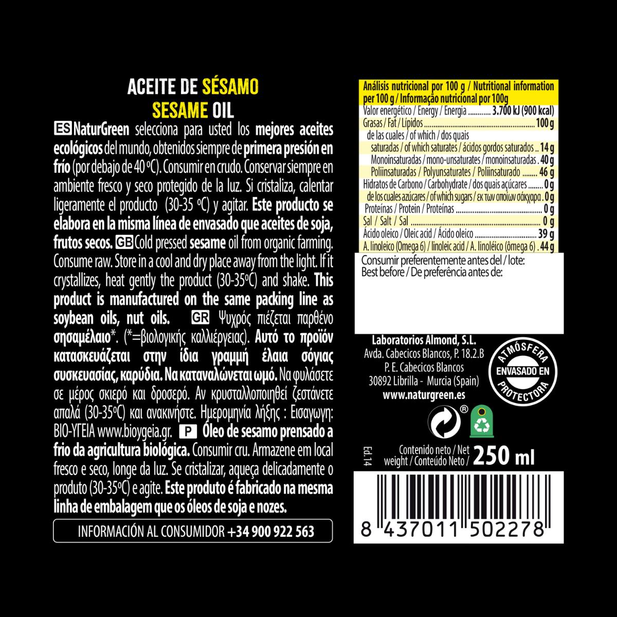 Óleo de Sésamo Biológico NaturGreen. 250 ml