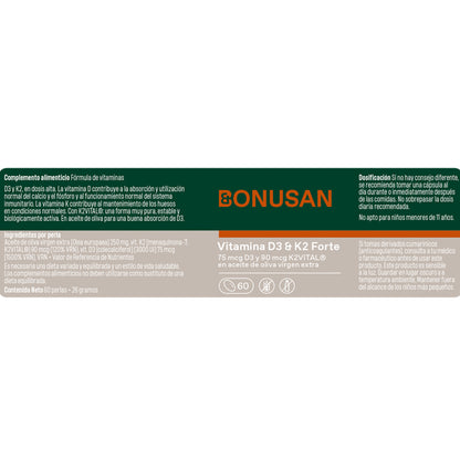 Vitamina D3 e K2 Forte, Bonusan, 60 pérolas