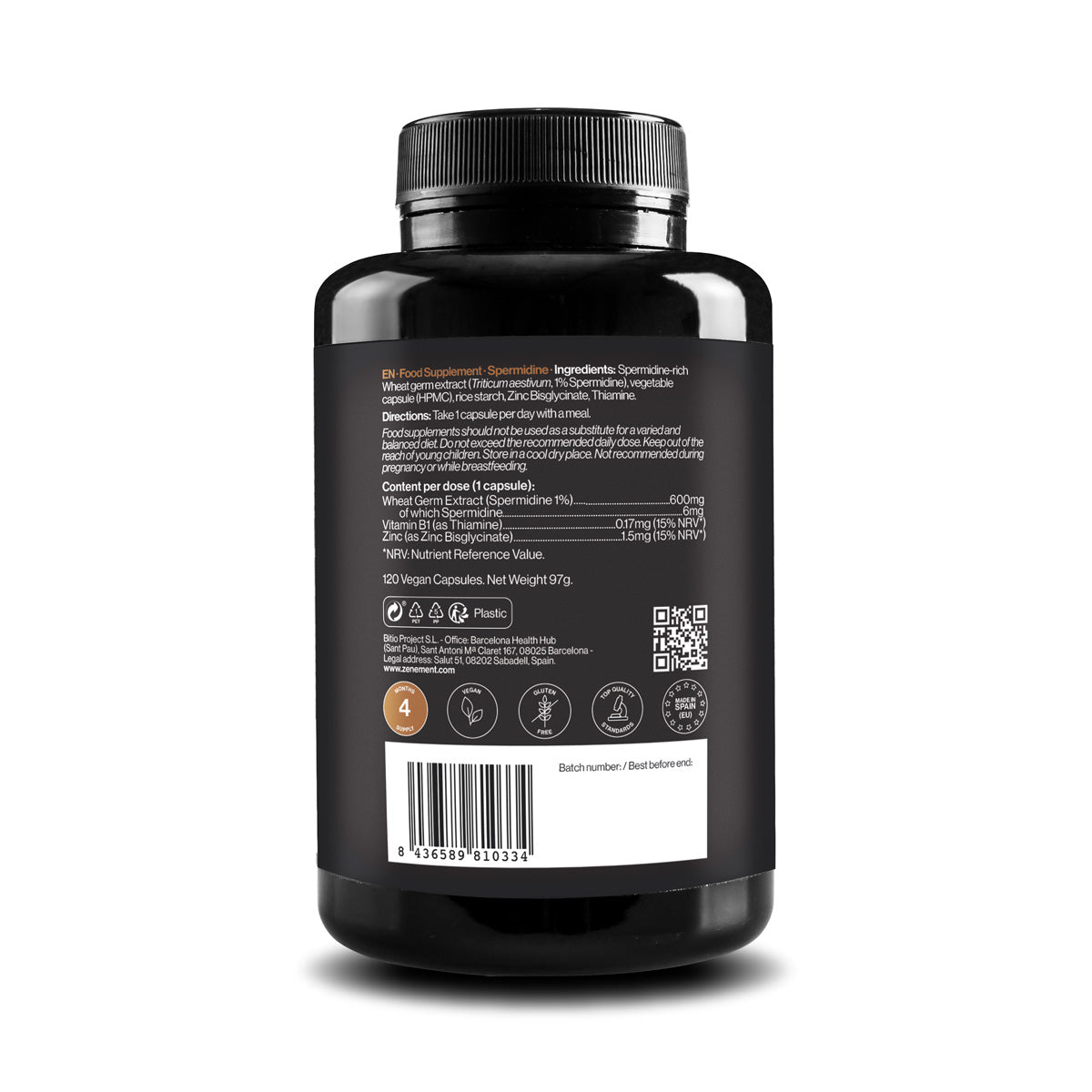 Espermidina, 6 mg, com vitamina B1 e zinco, Zenement, 120 cápsulas vegan
