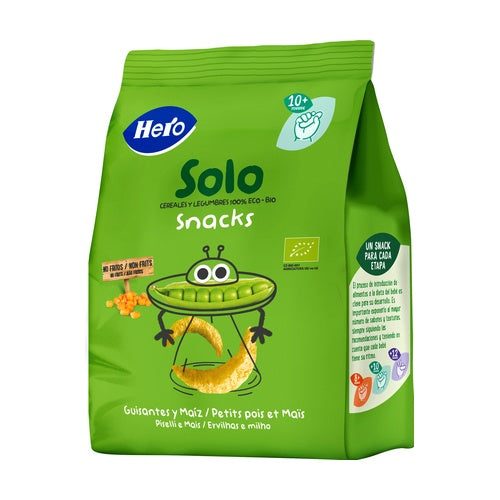Embalagem de 7 snacks Eco-Bio de ervilhas e milho a partir dos 10 meses, saco de 40 g, Hero Solo