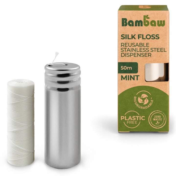 Fio dentário 50 metros e dispensador de aço de bambu