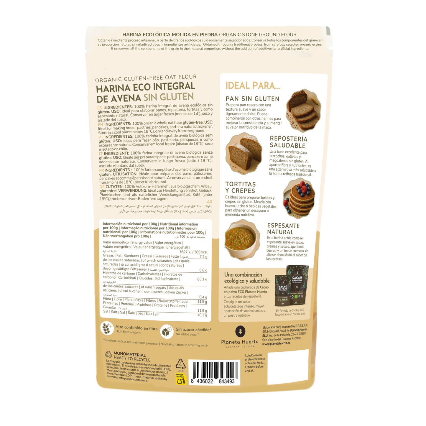 Farinha de Aveia Integral Sem Glúten Eco Planeta Huerto 800 g