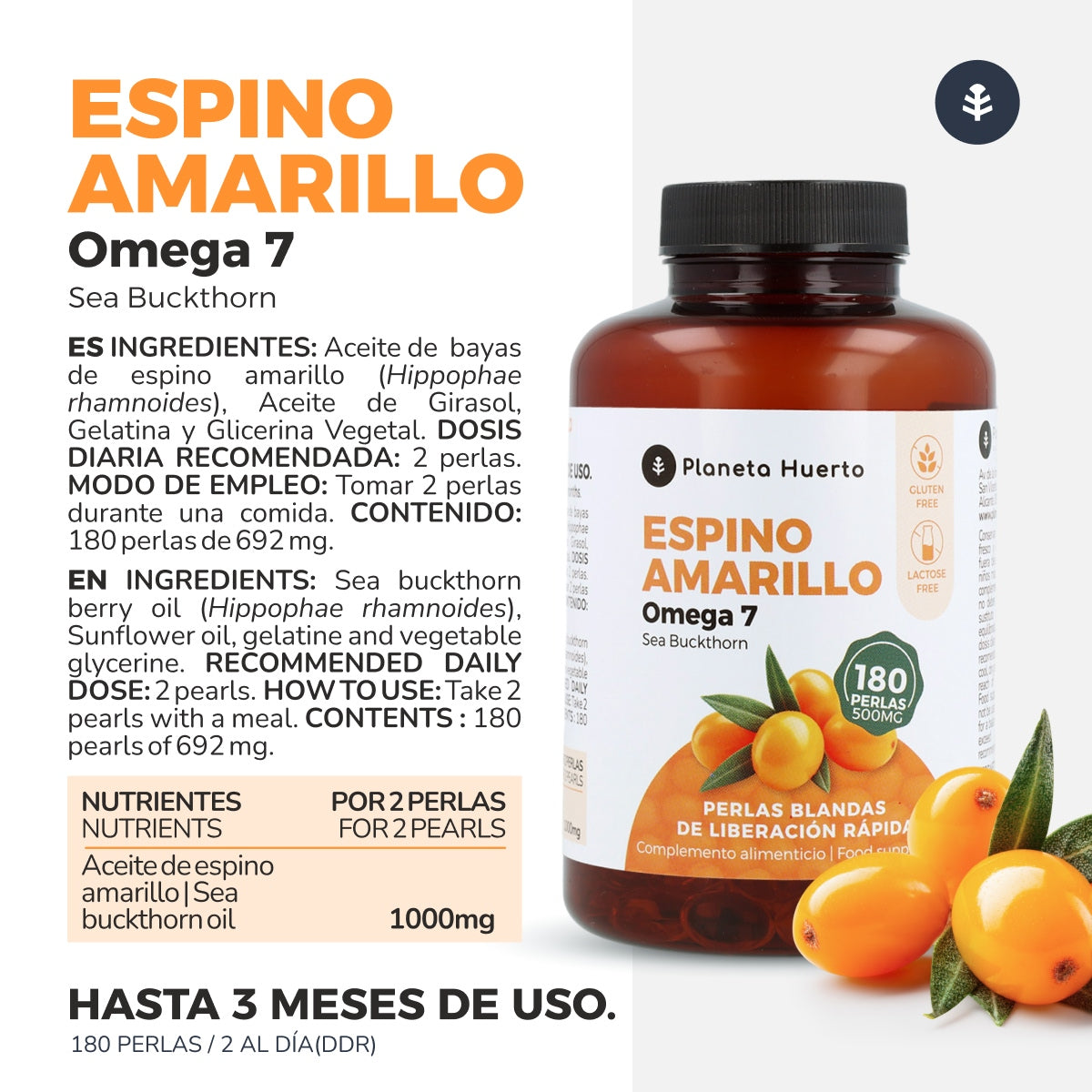 Ómega 7 Espinheiro Marítimo Planeta Huerto 180 Pérolas