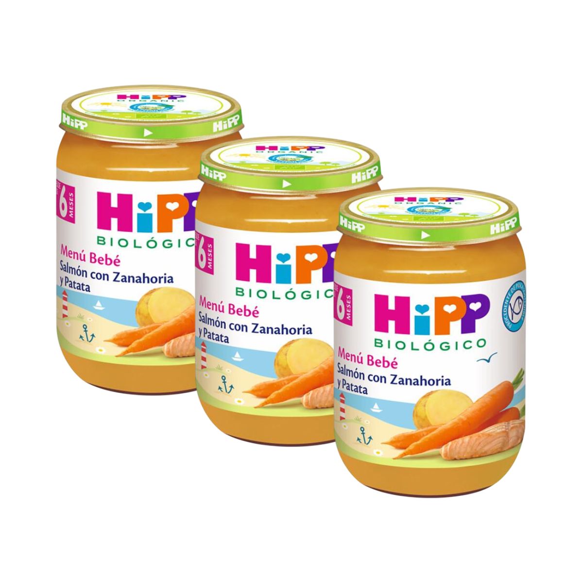 Embalagem x 3 Frasco de salmão com cenoura e batata biológica +6 meses + HiPP 190 g