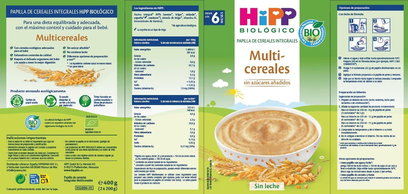 Embalagem x 3 Papas multigrãos orgânicas +6 meses HiPP 400 g