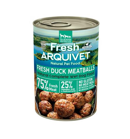 Almôndegas de Pato Fresco Arquivet 400g Ração húmida para cães com pato, batata-doce e laranja