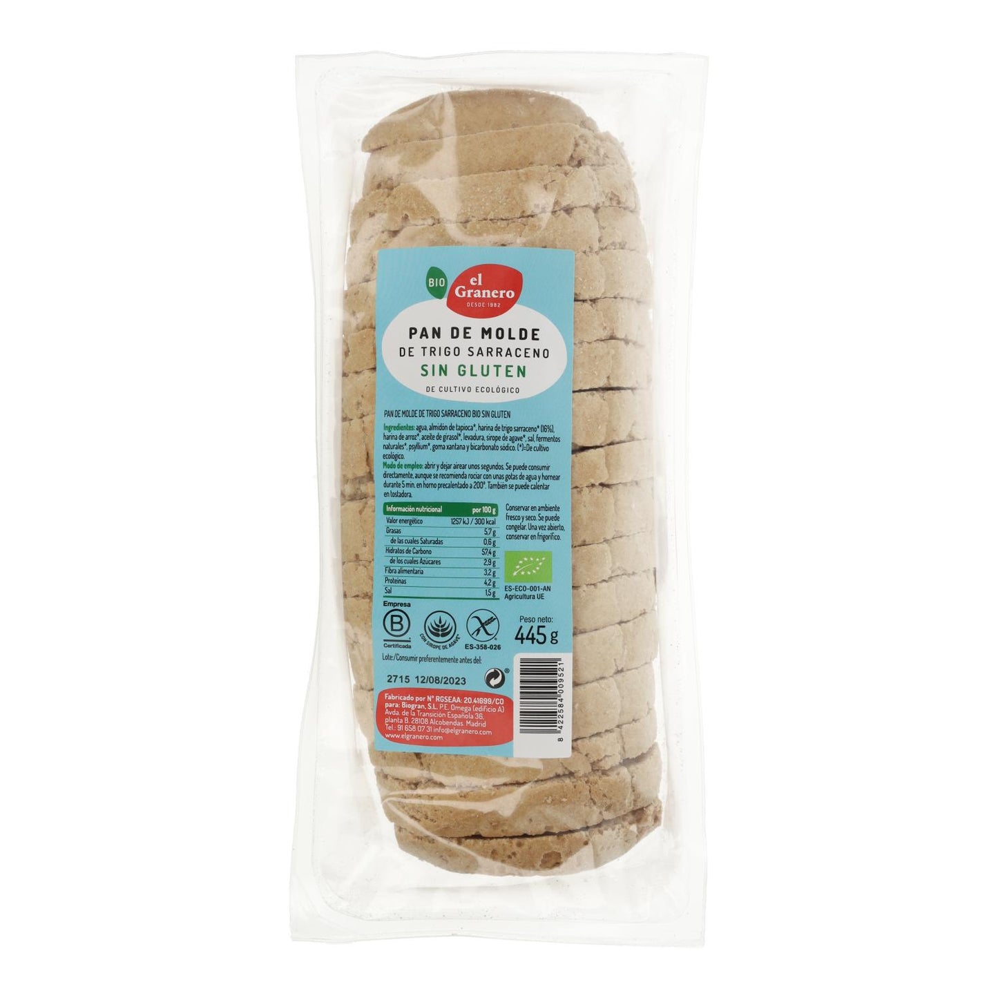 Pão de trigo sarraceno biológico sem glúten El Granero 445 g
