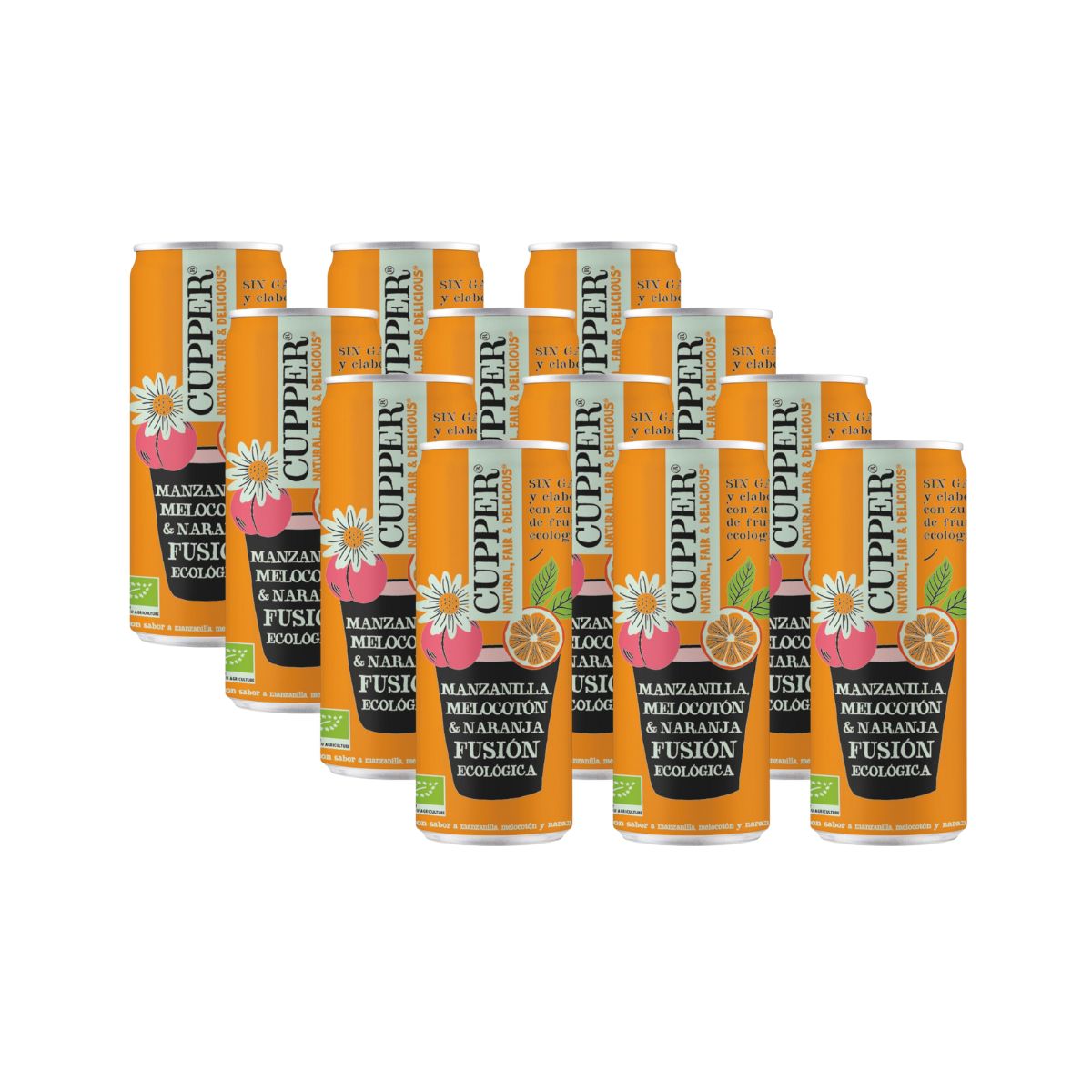 Embalagem de 12 Refrigerantes Bio Cupper Camomila, Pêssego e Laranja 250 ml