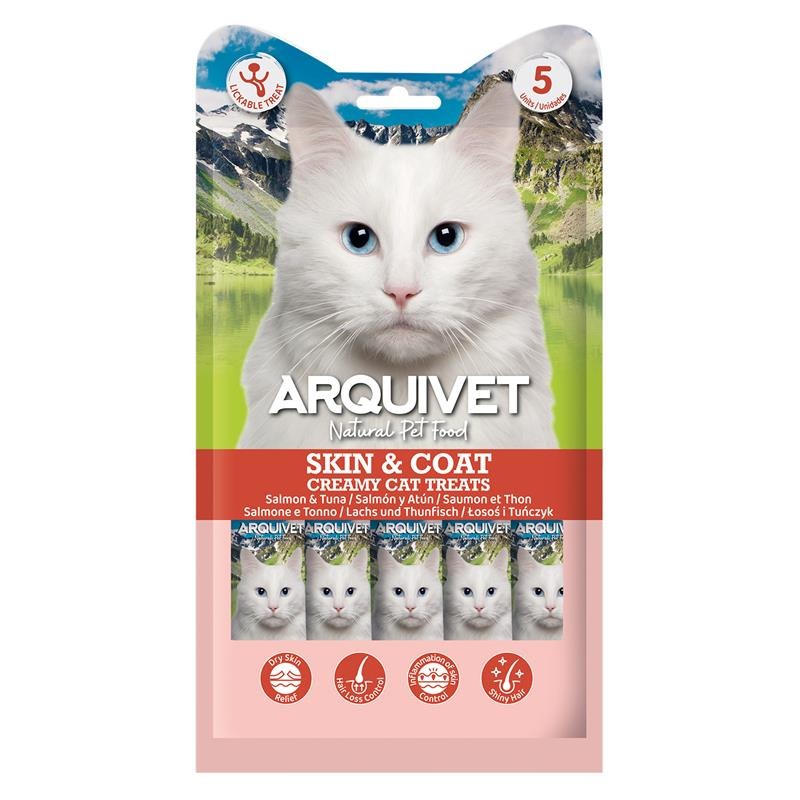 Snacks cremosos para gatos, snack cremoso funcional para pele e pelo, salmão e atum Arquivet 5x14 g