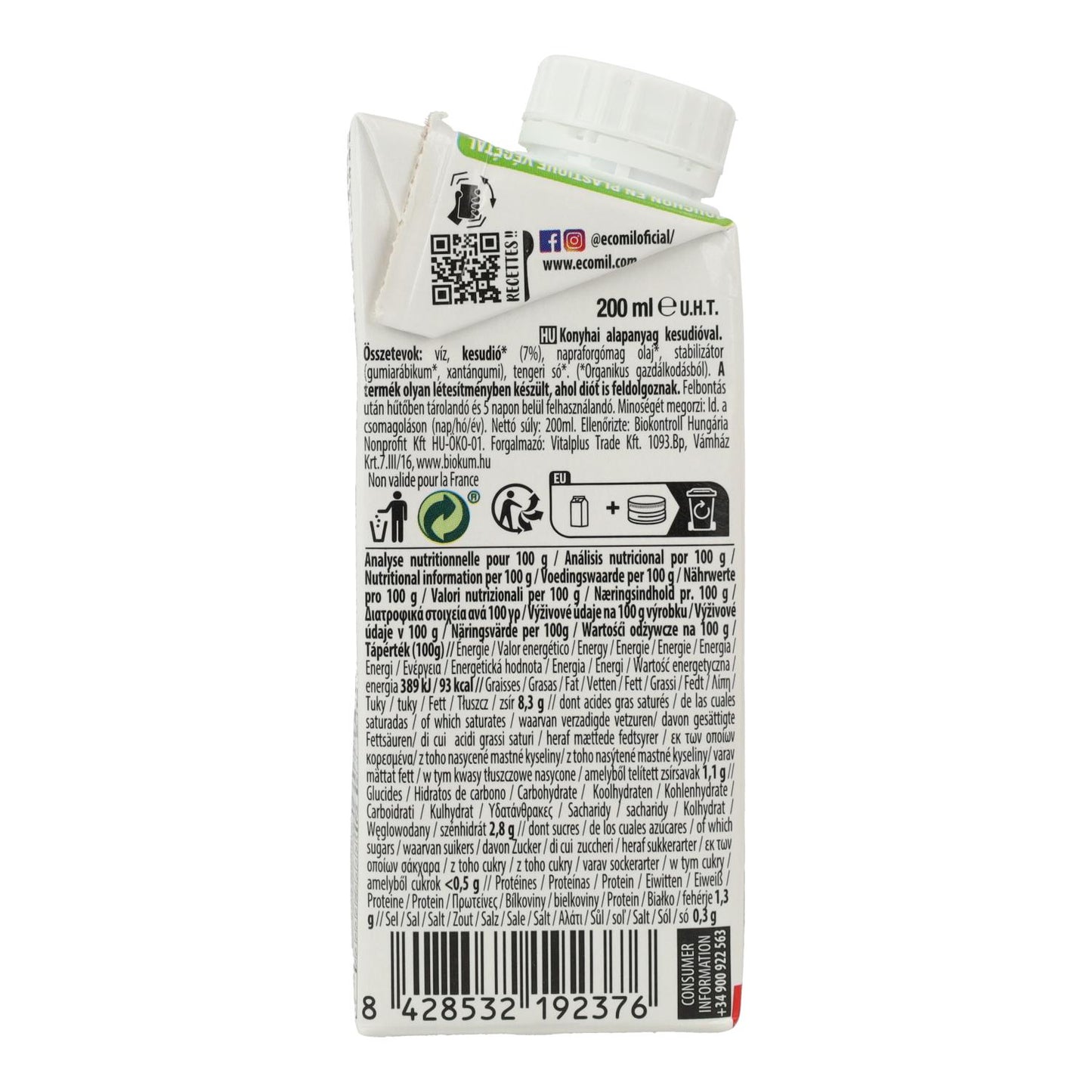 Creme Vegetal de Castanha de Caju sem Açúcar Bio Cuisine Ecomil 200 ml