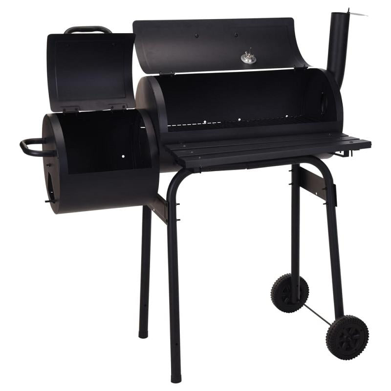 Barbacoa de Carbón Negra + Ahumador Jamaica para asar y ahumar con termómetro en acero, doble parrilla, ruedas y chimenea integrada