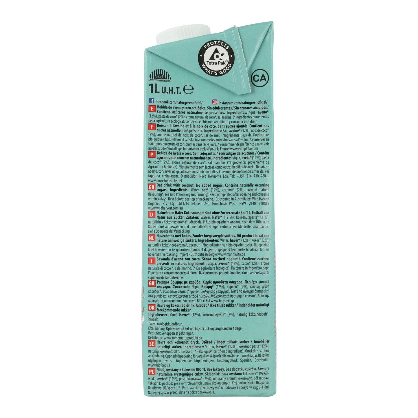 Pack de 6 Bebidas Biológicas de Aveia e Coco NaturGreen 1 L