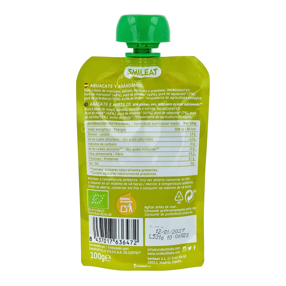 Smileat ECO Abacate e Mirtilo em saqueta, 100g