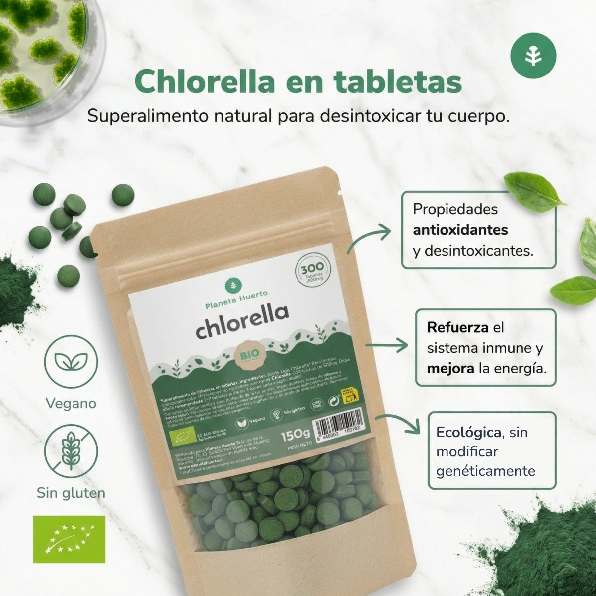 Clorela BIO Planeta Huerto 120 g, 300 comprimidos